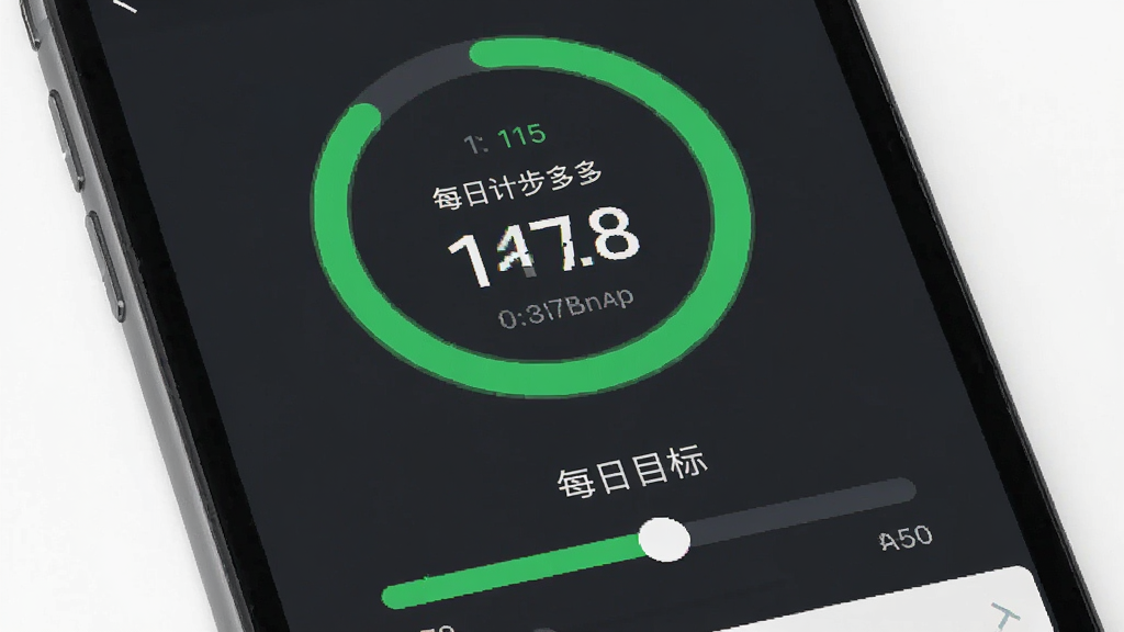 一张展示每日计步多多APP内部目标设定界面的手机截图,主体为圆形步数进度环,下方有“每日目标”字样和可调节的进度条,布局简洁清晰,风格扁平化,细节包括绿色高亮完成度,画面干净无多余元素,画质高清。