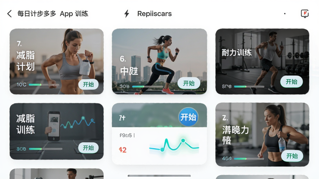 每日计步多多APP的训练计划列表页,主体为几张不同主题的卡片,分别标注“减脂计划”、“耐力训练”等,布局为纵向滑动列表,排版整齐,风格简洁现代,细节有进度条和开始按钮,整体干净明亮,画质清晰。