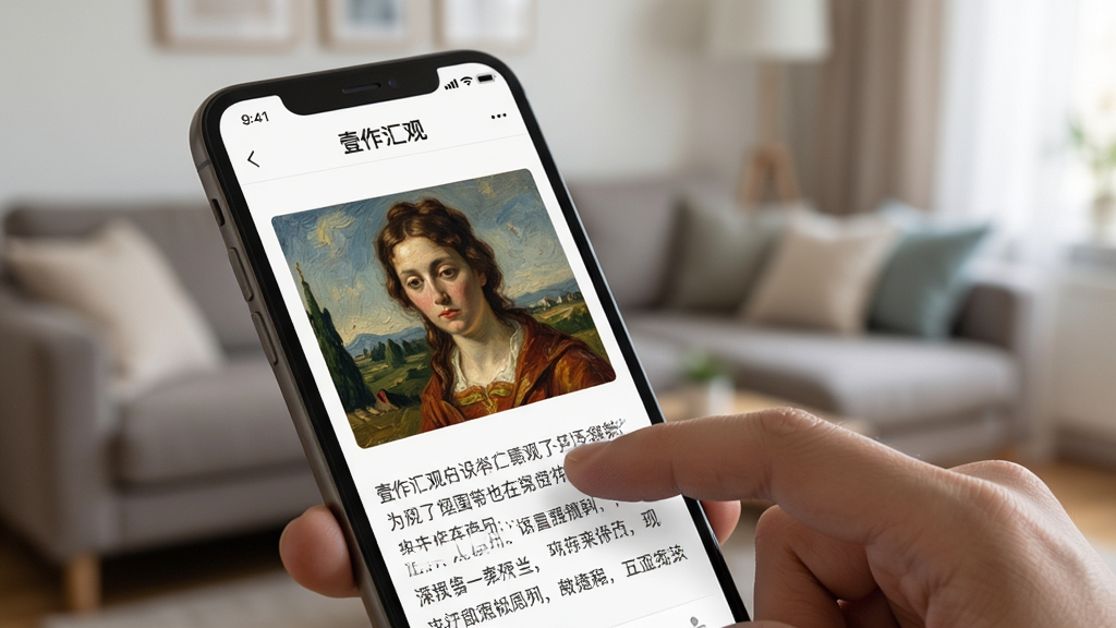 手机手持界面特写,屏幕显示“壹作汇观”应用的文章详情页,包含一幅油画作品和文字介绍,手指正在滑动屏幕,背景为模糊的客厅环境,光线柔和,构图主体突出,排版清晰,风格写实,画质细腻干净,无多余元素