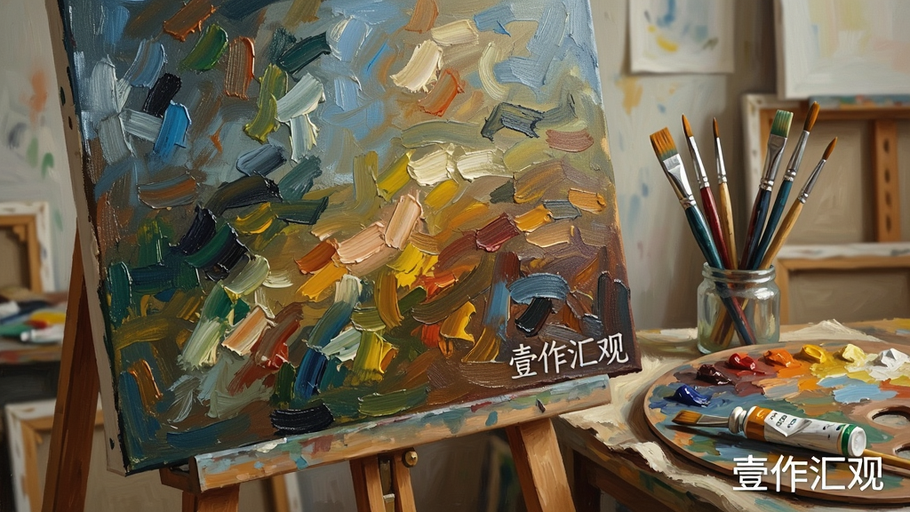 一幅精美的油画作品特写,画面色彩丰富,笔触细腻,右下角标注“壹作汇观”水印,旁边摆放着画笔和调色盘,背景是画室一角,构图主体明确,排版简洁,风格为艺术摄影,细节清晰,画质高清干净,无多余元素