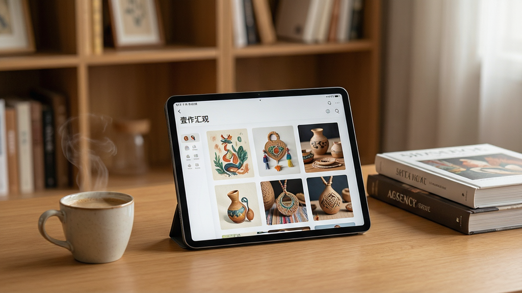 一幅温馨的室内阅读场景,木质书桌上摆放着一台平板电脑,屏幕显示“壹作汇观”应用界面,界面中有精美的画作和手工艺品图片,旁边有一杯热咖啡和几本艺术书籍,背景是柔和的暖色调书架,整体布局简洁雅致,排版干净,风格为写实摄影,细节丰富,画质高清,无多余元素