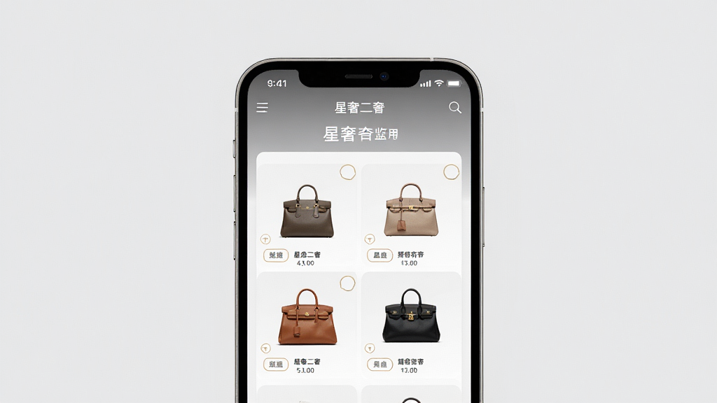 星奢二奢应用界面预览图,展示多款二奢箱包排列对比,主体为手机屏幕居中,背景简洁浅灰,现代简约排版,高清画质,细节清晰,干净无多余元素