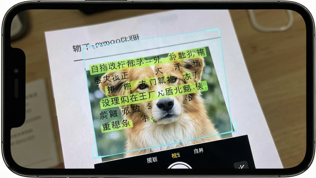 动物百科软件的文字扫描功能界面,手机拍摄文档,屏幕上自动高亮识别文字,背景干净,界面简洁,高清画质,无多余元素