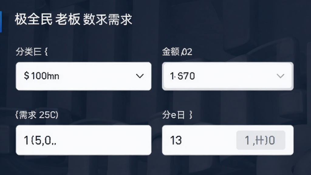 极近全民老板发布需求界面,主体是需求发布表单,布局简洁,排版有序,风格商务,细节包括分类选择和金额输入,画质干净,无多余元素