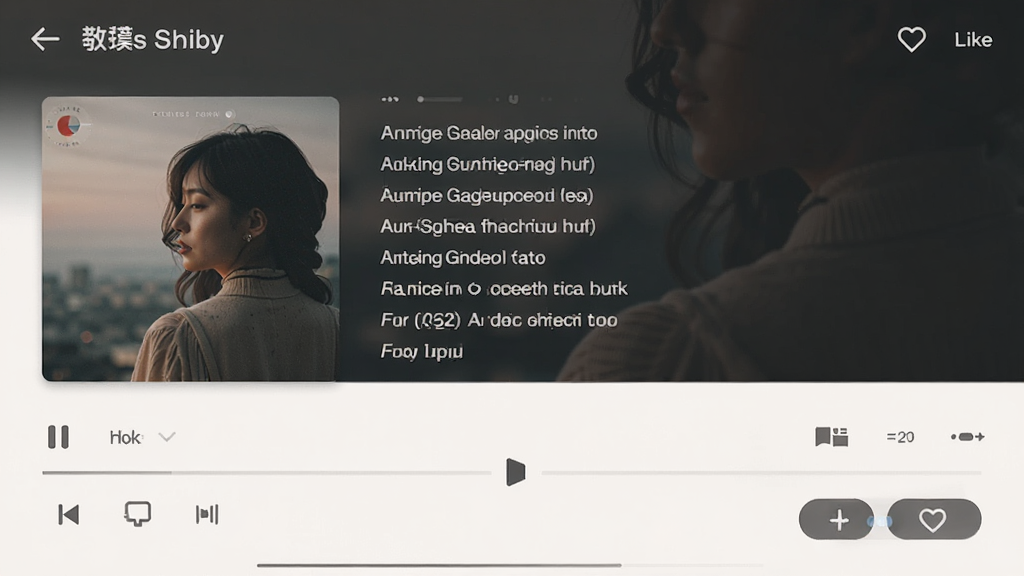 极近音乐社区界面,主体为歌曲播放页,布局有专辑封面和歌词滚动,排版美观,风格文艺,细节包括评论和点赞按钮,画质高清,干净,无多余元素