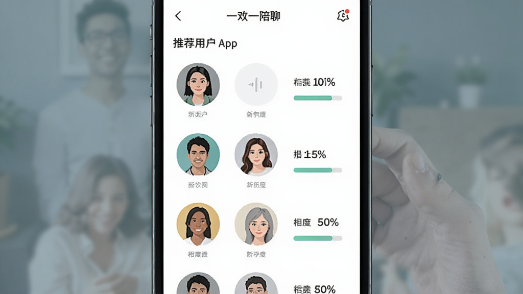 一对一陪聊APP,手机界面显示推荐用户列表,头像排列整齐,有相似度百分比,背景模糊,界面干净,扁平化设计,高画质
