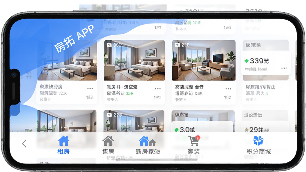 房拓云 APP 主界面展示,手机屏幕中显示房源列表与底部导航栏,包含租房、售房、新房、家装、积分商城等图标,整体布局清晰,色彩以蓝白为主,现代简洁风格,UI 设计干净,高画质,无多余元素