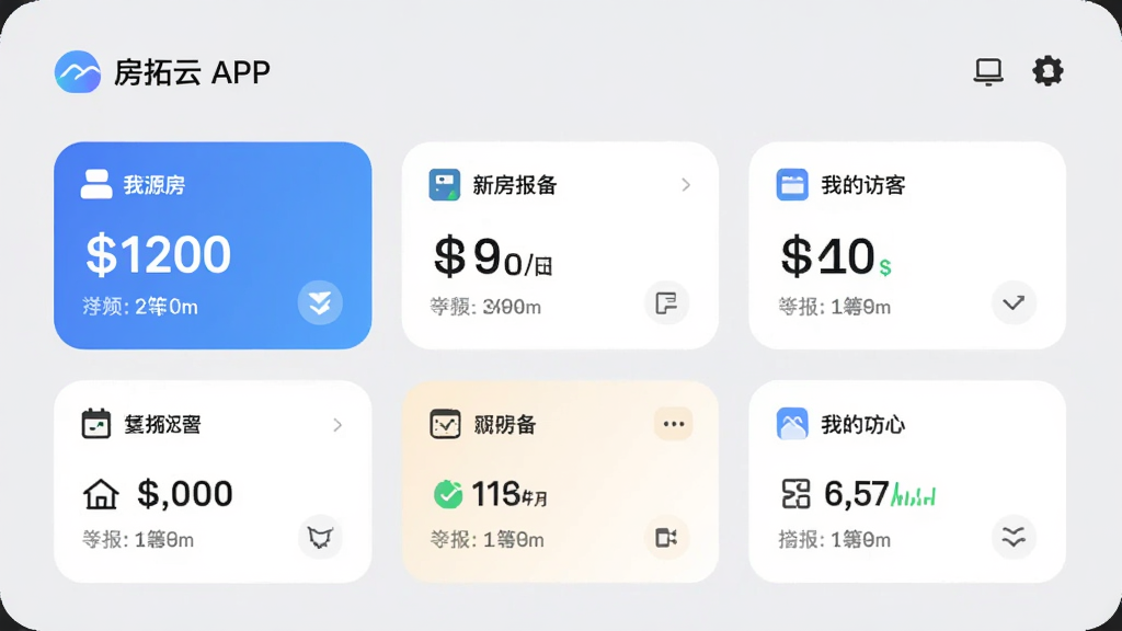 房拓云 APP 个人工作台页面,显示我的房源、新房报备、我的访客等数据卡片,背景为浅灰色,卡片圆角设计,信息清晰,现代扁平风格,高画质,无多余元素