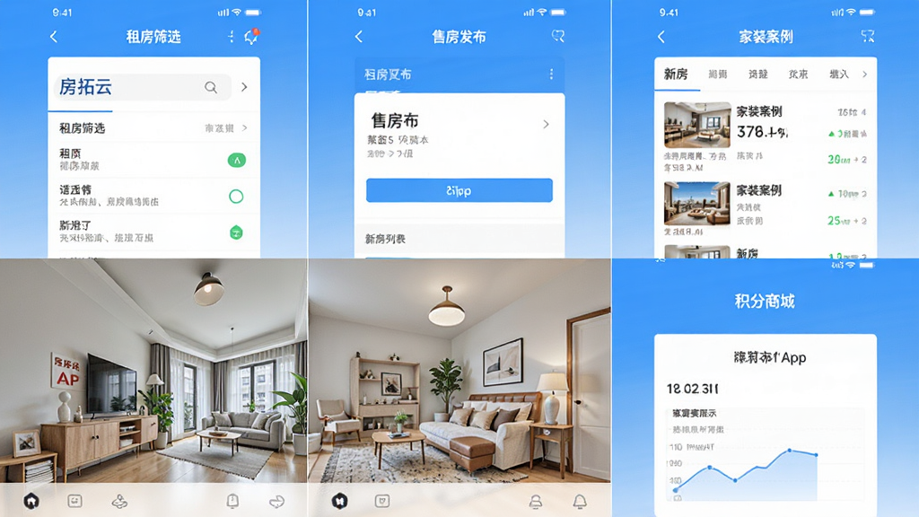 房拓云 APP 功能模块截图拼接,包括租房筛选页面、售房发布界面、新房列表、家装案例展示、积分商城页面,以网格布局排列,风格统一,界面清爽,高画质,无多余元素