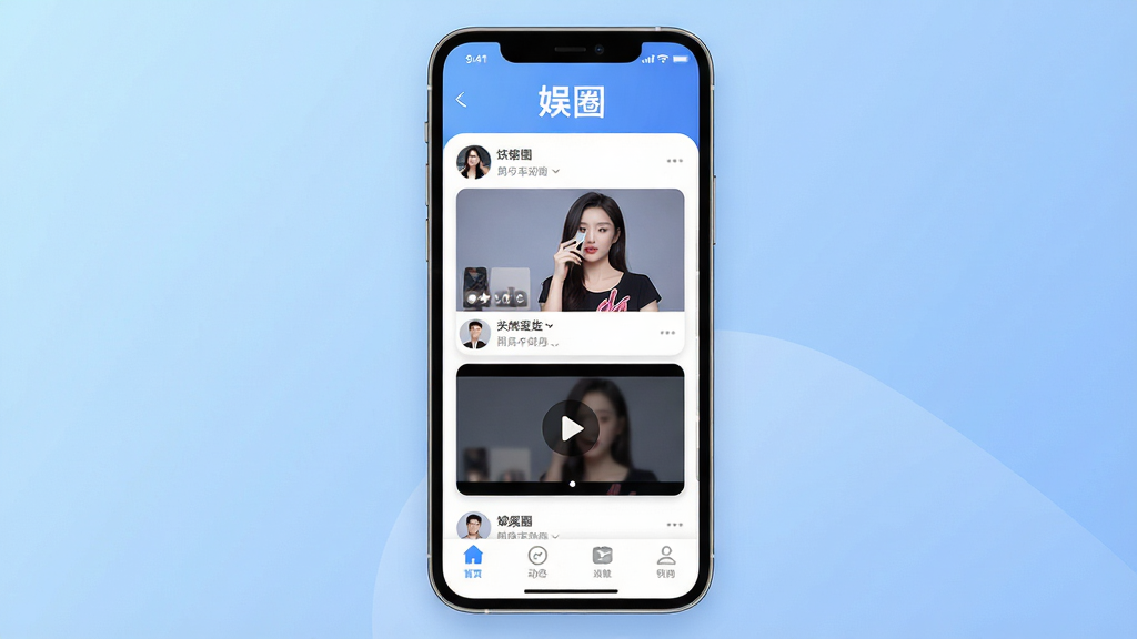 手机屏幕展示娱圈APP主界面,上方有“娱圈”字样,中间是用户动态信息流,包含图文、视频卡片,下方底部导航栏图标清晰,背景为柔和渐变蓝色,整体风格现代简约,UI界面明亮,高分辨率,干净无多余元素
