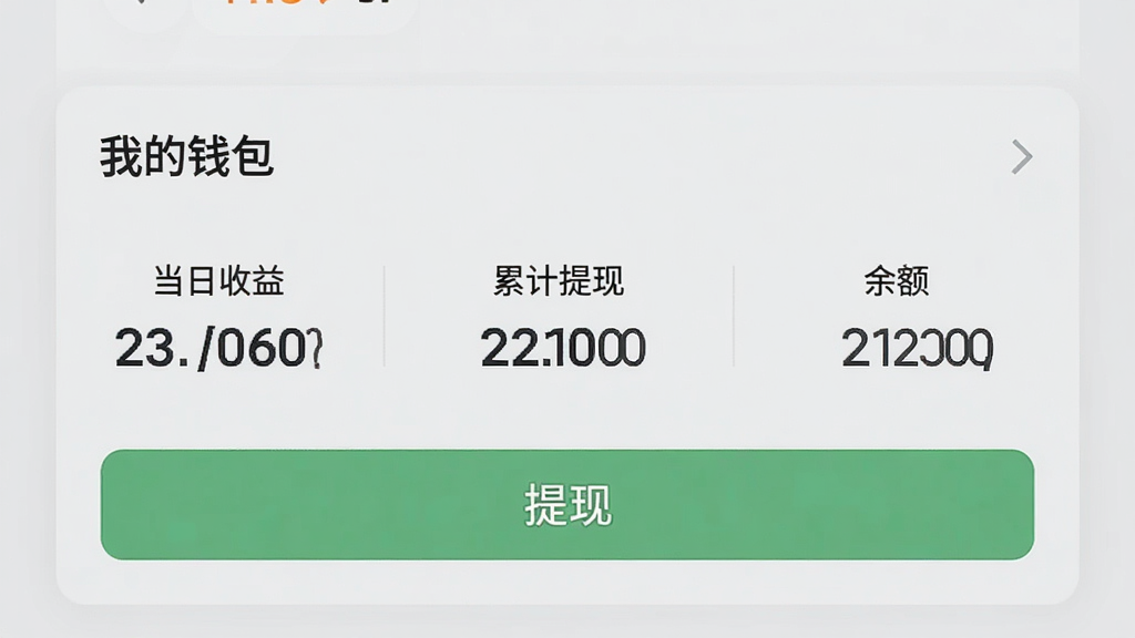 娱圈APP中创作者收益页面截图,显示“我的钱包”栏目,包含当日收益、累计提现、余额等数字,背景为浅灰色卡片,配有“提现”按钮,界面整洁,数据清晰,风格写实,明亮光照,干净无多余元素