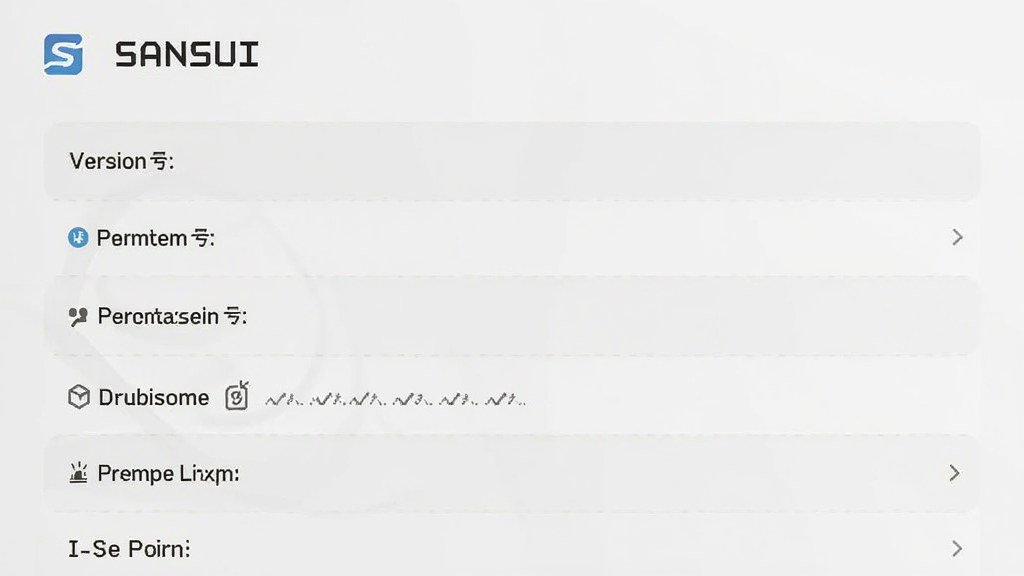 S SANSUI 应用信息页面,展示版本号、权限列表,背景简洁浅灰,列表式布局,扁平化设计,画质干净,无多余元素
