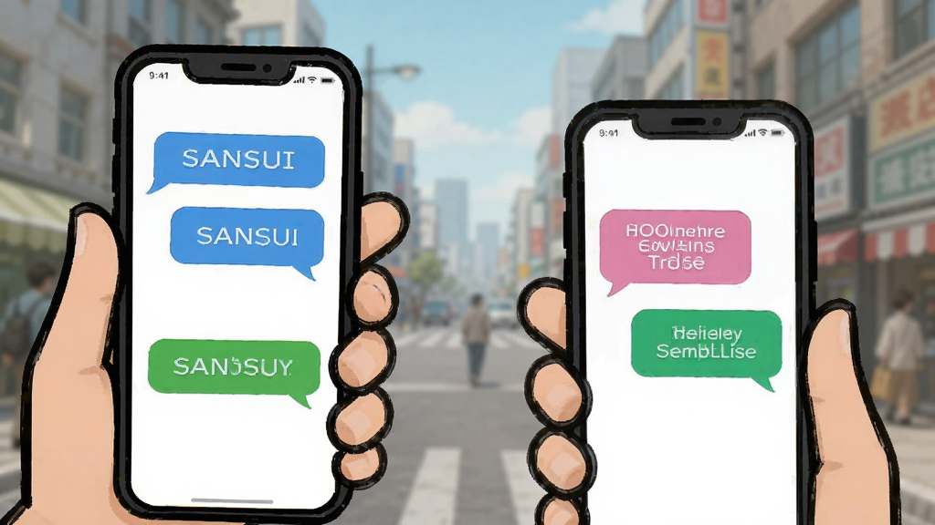 S SANSUI 对话翻译模式,两人手持手机对话,屏幕显示中英双语气泡,背景模糊城市街景,卡通风格,画质干净,无多余元素