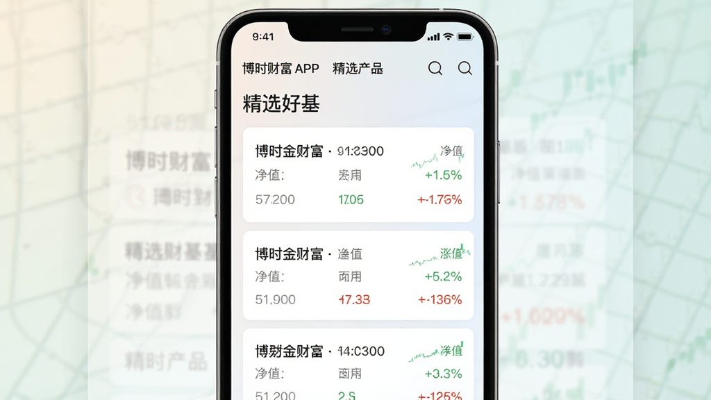 一张展示博时财富APP内“精选产品”栏目的手机截图,界面清晰,布局整洁,主体为列表形式的基金卡片,每张卡片上显示基金名称、净值及涨跌幅,背景为浅色渐变,风格现代简约,画质高清干净,无多余元素,图片中文字显示“博时财富”和“精选好基”。