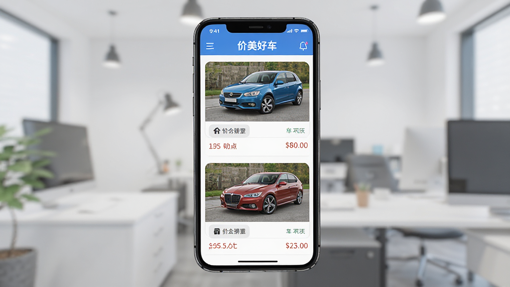 价美好车app界面展示,手机屏幕显示二手车列表,清晰车辆图片和价格信息,背景干净,现代扁平化设计风格,高画质,细节丰富,无多余元素