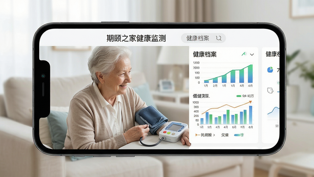 手机屏幕展示期颐之家健康监测页面,主体为老人与血压计,布局清晰,排版简洁,风格写实,细节展示数据图表,画质高清,干净无多余元素,文字带“健康档案”