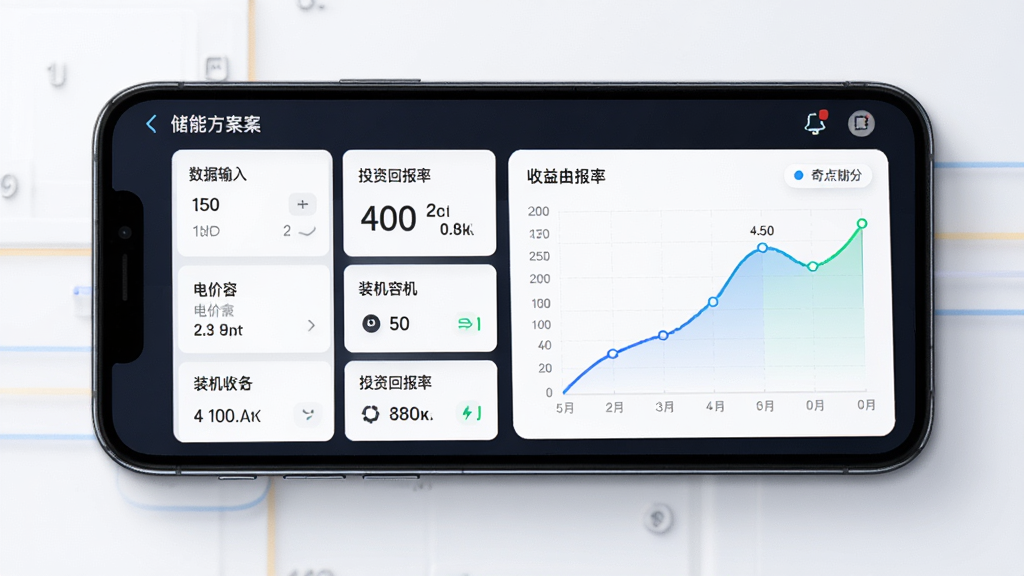 奇点储能软件界面展示,主体为手机屏幕中的储能方案生成页面,布局清晰,左侧是数据输入区域,右侧是收益曲线图,排版简洁,风格现代科技感,细节包括电价曲线、装机容量、投资回报率等数据卡片,画质高清,干净无多余元素