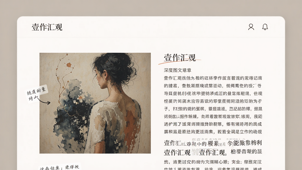 一张展示“壹作汇观”应用内一篇深度图文文章的图片,页面包含大尺寸艺术作品照片和详细文字段落,照片旁有注释标签。布局典雅,采用留白设计,排版简洁,色调柔和,画质清晰,突出阅读的专注感,无多余元素。