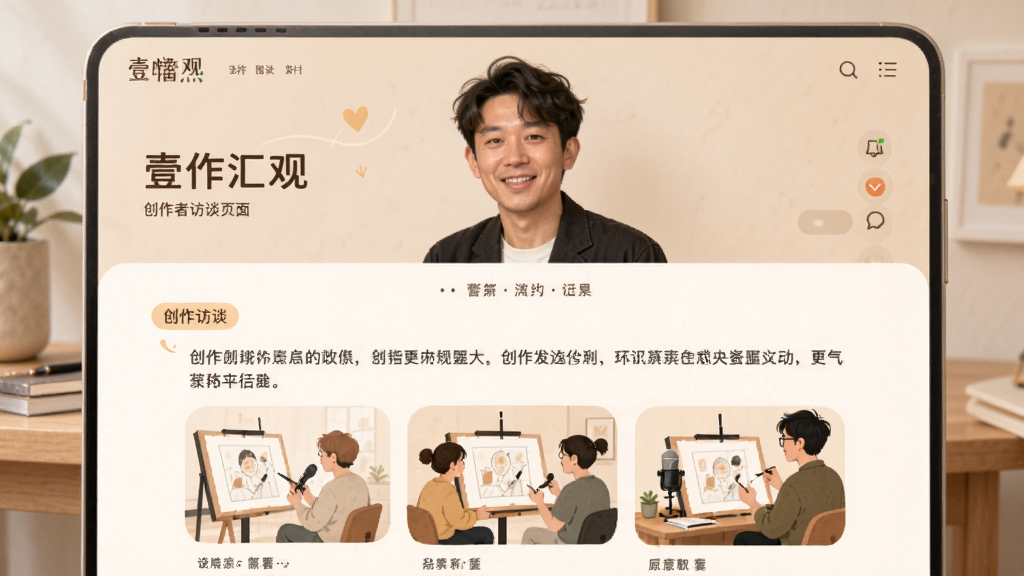 一幅表现“壹作汇观”应用中创作者访谈页面的图片,页面顶部有创作者肖像,下方为对话式访谈内容,并配有创作场景插图。整体风格温暖简约,采用浅色背景,排版舒朗,细节丰富,画质干净,无多余装饰。