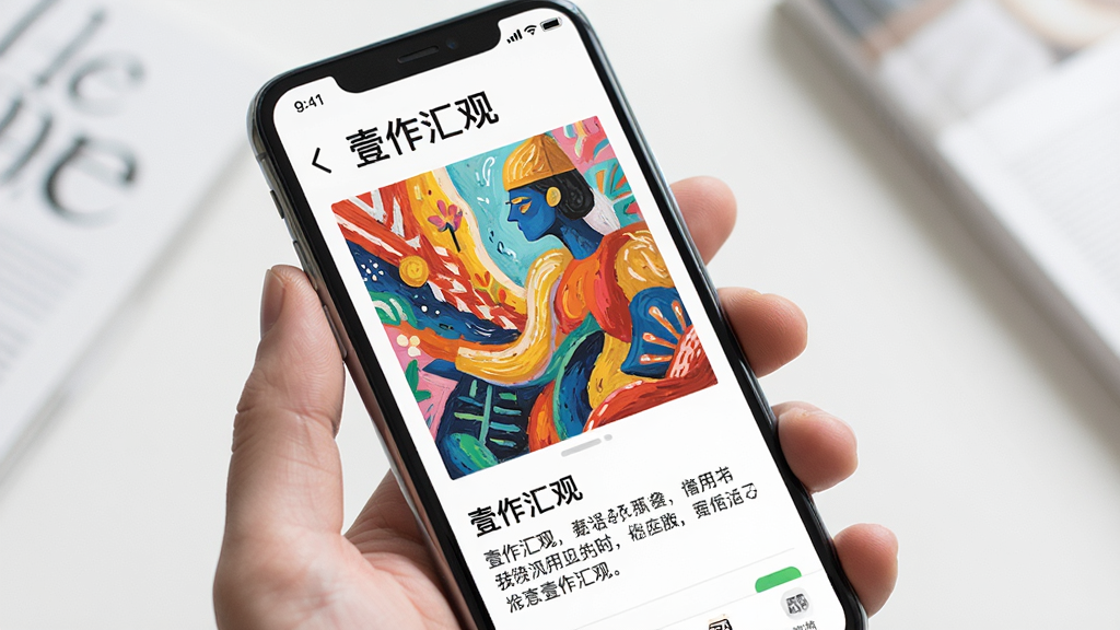 一幅展示手机屏幕上有“壹作汇观”应用界面的图片,界面中呈现一幅色彩鲜明的创意画作,下方配有简短文字介绍。整体布局简洁清晰,采用杂志式排版风格,画面明亮干净,突出艺术氛围与阅读的舒适感。画面细节丰富,画质高清,无多余杂乱元素。