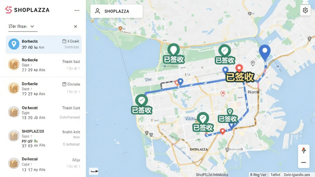 SHOPLAZZA物流追踪实时地图,主体为地图上的包裹移动轨迹,布局左右分栏,左侧为订单列表,右侧为地图定位,风格清新简洁,细节展示多个已签收标记,画质干净,突出“已签收”字样