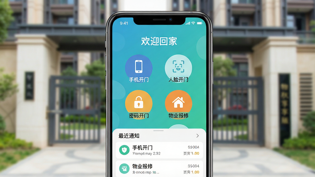 一张智能手机屏幕特写,屏幕上清晰显示大胜开门智享版APP的主界面,界面采用扁平化设计风格,顶部显示“欢迎回家”字样,中间有四个圆形功能按钮分别标注“手机开门”、“人脸开门”、“密码开门”和“物业报修”,下方是最近的通知列表。手机背景是虚化的现代小区大门,整体色调明亮,画质清晰,干净无多余元素