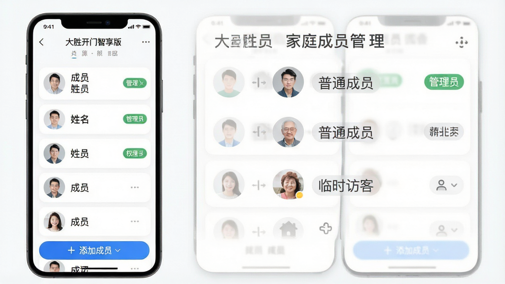 一张APP功能界面设计图,展示大胜开门智享版的“家庭成员管理”页面,页面以列表形式显示成员头像、姓名和权限标签(如“管理员”、“普通成员”、“临时访客”),底部有一个“添加成员”的蓝色按钮。界面风格清新简约,采用大量留白和圆角卡片设计,视觉焦点集中在成员列表上,画质干净无多余元素