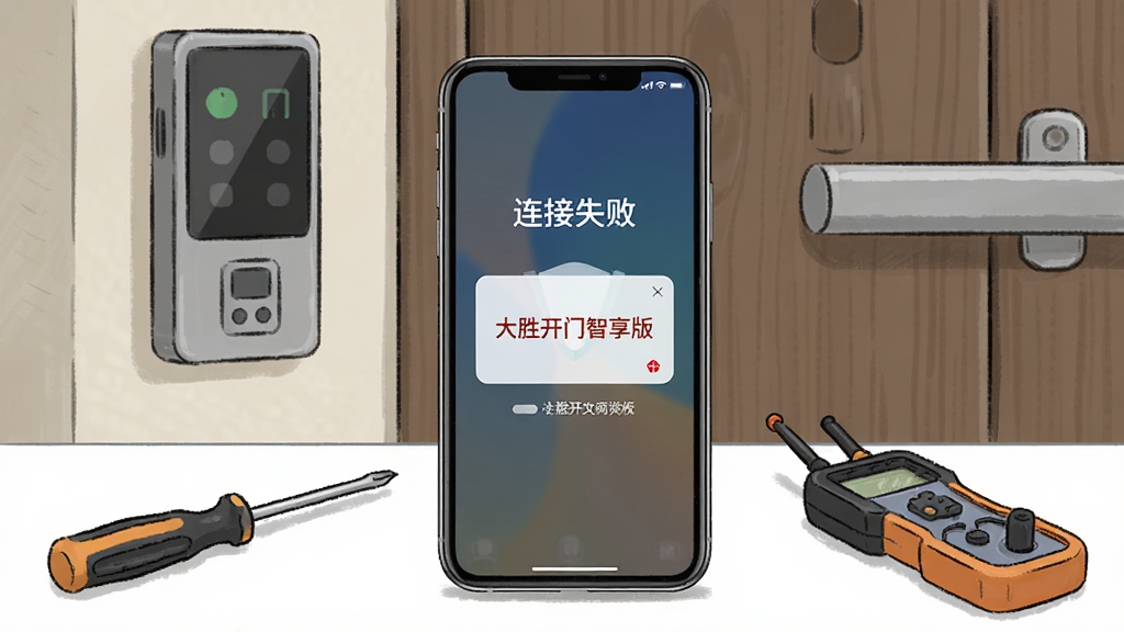 一张故障排查场景图,画面中央是一台显示“连接失败”的智能手机,屏幕上有“大胜开门智享版”的错误提示弹窗,手机旁边放着螺丝刀和检测工具,背景是小区单元门禁设备,风格偏向实用教程插图,色彩自然,画质清晰干净,无多余元素