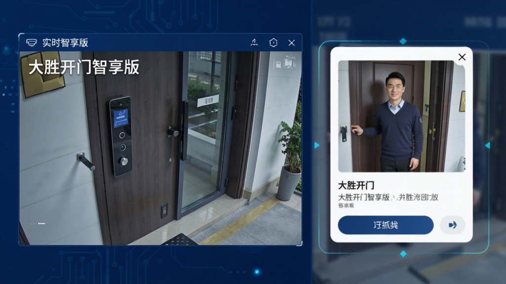 一张安防监控画面风格的配图,画面左侧是带有“大胜开门智享版”水印的实时监控视频窗口,右侧是APP推送的开门抓拍照片弹窗,照片中清晰显示访客身影。整体布局为左右分屏,风格现代简洁,科技感强,色彩以深蓝和白色为主,画质高清,细节丰富,无多余元素