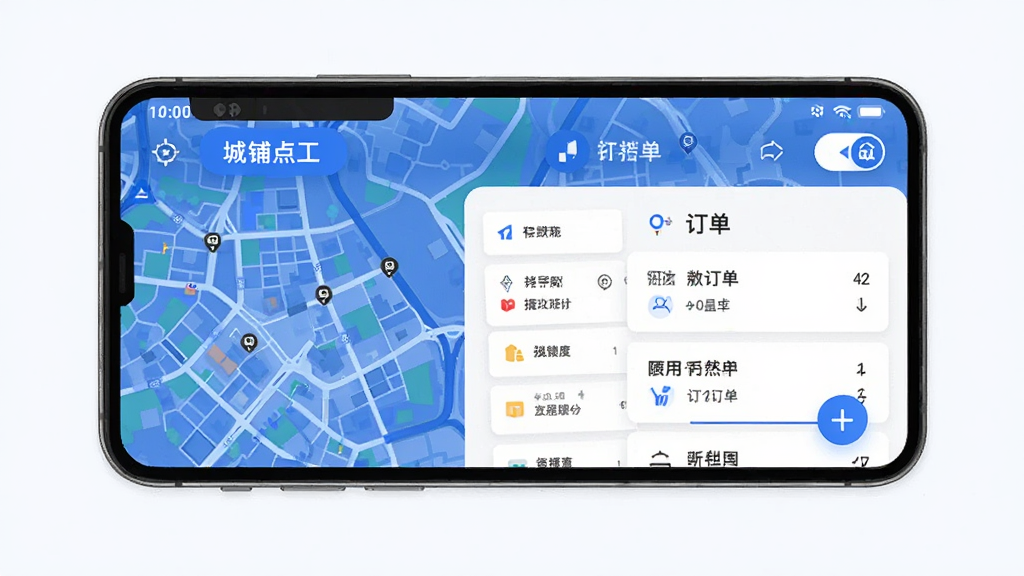 城铺点工APP界面展示,主体为手机屏幕中的地图和订单列表,布局清晰,排版简洁,风格现代扁平化,细节包括蓝色主色调和白色按钮,画质高清干净,无多余元素