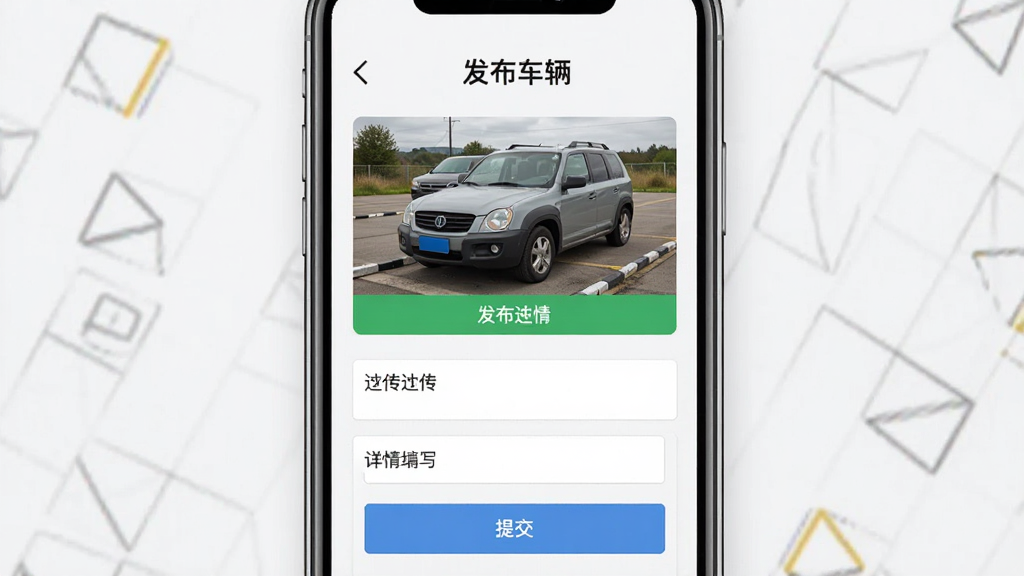 迈了应用发布车辆信息界面,主体为手机屏幕展示,布局居中,显示车辆照片上传和详情填写表单,排版简洁,风格写实,细节包括“发布车辆”标题和“提交”按钮,画质清晰,干净,无多余元素