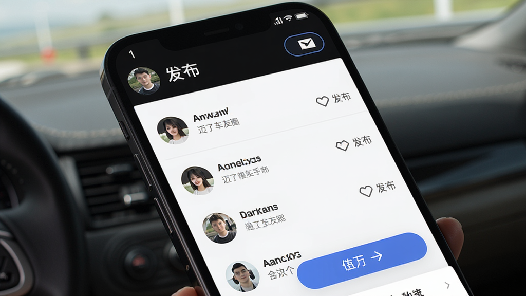 迈了车友圈界面,主体为手机界面展示,布局清晰,显示动态列表和互动按钮,排版时尚,风格现代,细节包括用户头像和“发布”图标,画质高清,干净,无多余元素