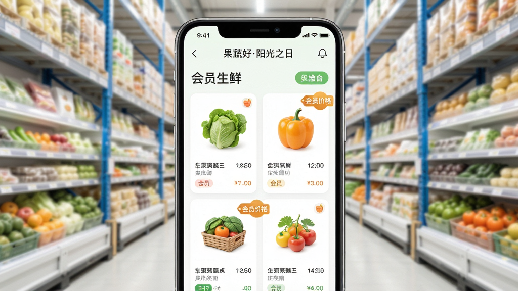 果蔬好阳光之日APP界面展示,手机屏幕中显示生鲜商品列表和会员价格标签,背景是明亮的仓储式超市货架,风格干净现代,UI设计简洁,高清渲染,画质清晰