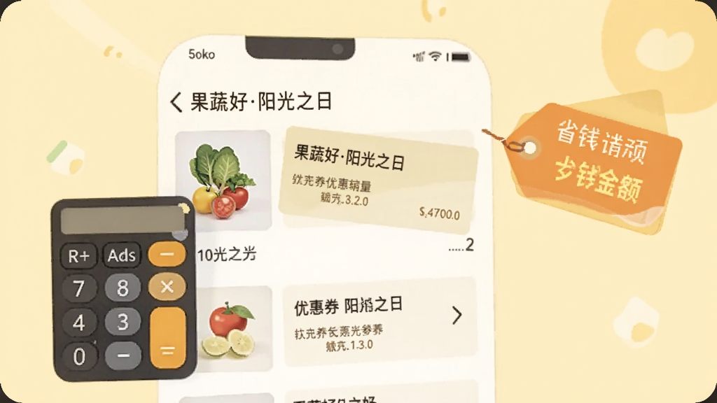 手机购物车界面显示果蔬好阳光之日的商品和优惠券使用情况,旁边有计算器与省钱金额标签,整体色调温暖明亮,浅黄色背景,扁平插画风格,干净无杂物