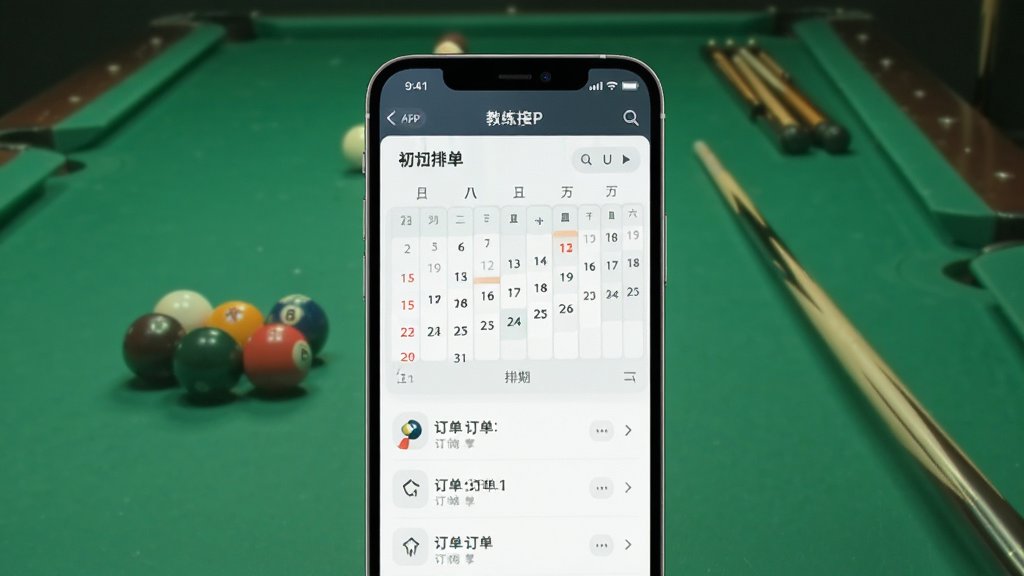 手机界面显示初球APP教练接单页面,包含日历排期和订单列表,风格简洁现代,背景为台球桌,画质干净