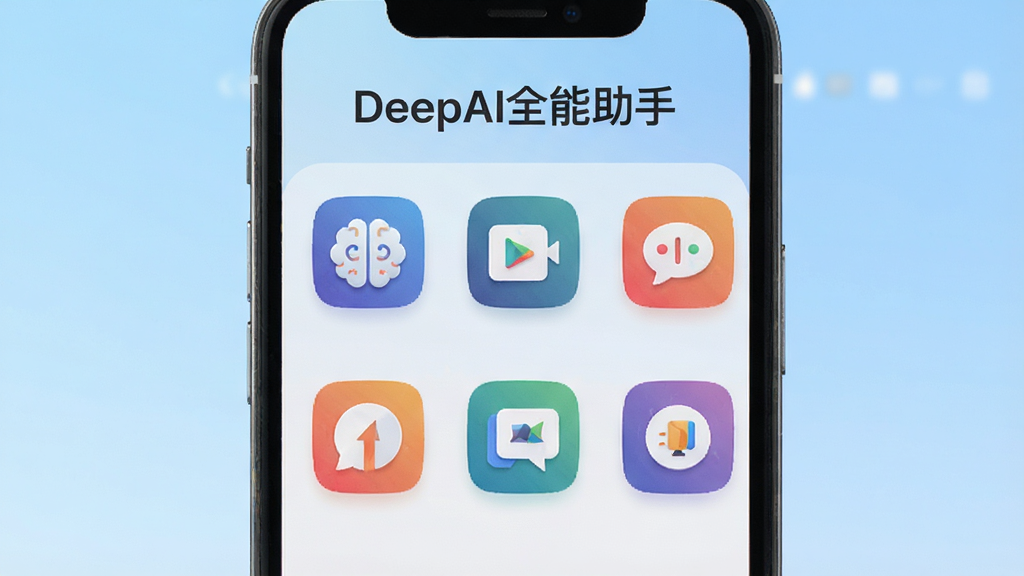 DeepAIȫ������������չʾ���ֻ���Ļ�����������ߴ���ͼ�꣬ÿ��ͼ��ɫ�����ޣ��Ϸ��С�DeepAIȫ�����֡�����������Ϊǳ��ɫ���䣬���岼�ּ���������ִ�UI��Ʒ�񣬸�����Ⱦ���ɾ��޶���Ԫ��