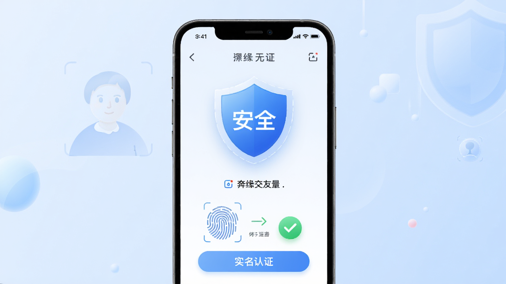 奔缘交友软件安全认证界面设计,主体为手机屏幕展示人脸识别与实名认证流程,背景采用淡蓝色渐变,布局中央突出盾牌图标与“安全”字样,排版简洁清晰,风格现代科技感,细节包含指纹与对勾元素,画质高清干净,无多余元素