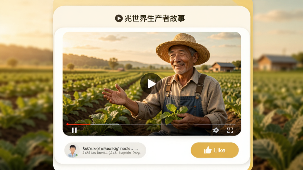 兆世界生产者故事页面,主体为视频播放窗口,画面中一位农民在田间介绍种植过程,下方有评论与点赞按钮,布局采用卡片式设计,风格自然温馨,色调暖黄,突出人文气息,画质干净