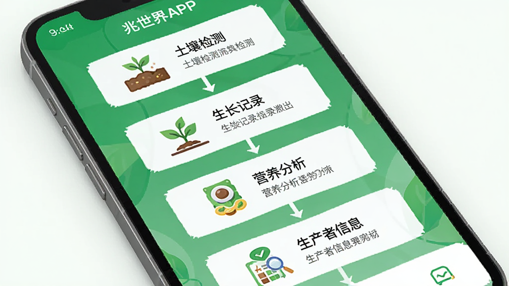 兆世界APP界面展示,主体为手机屏幕显示食物溯源流程图,从上到下依次为土壤检测、生长记录、营养分析、生产者信息,布局清晰,采用扁平化设计风格,配色以绿色和白色为主,突出健康理念,画质高清,干净无多余元素