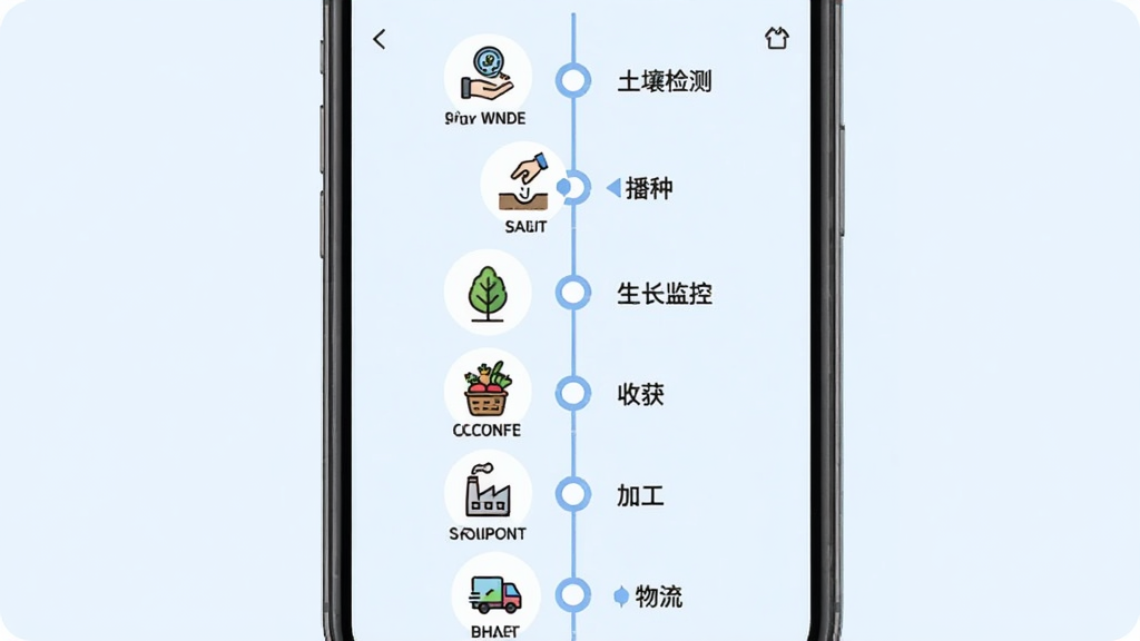 兆世界全链溯源功能截图,主体为手机界面显示食物从田地到餐桌的步骤图标,布局为垂直时间轴样式,每个节点有图标和文字说明,包括“土壤检测”、“播种”、“生长监控”、“收获”、“加工”、“物流”,风格简洁现代,以浅蓝色背景衬托,细节清晰,画质干净