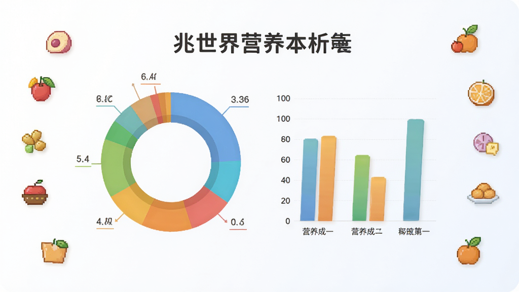 兆世界营养分析图表界面,主体为彩色环形图与柱状图展示营养成分占比,布局居中,图表周围有食品图标点缀,风格清新淡雅,背景为渐变白色,文字标签清晰可读,画质干净,无多余元素