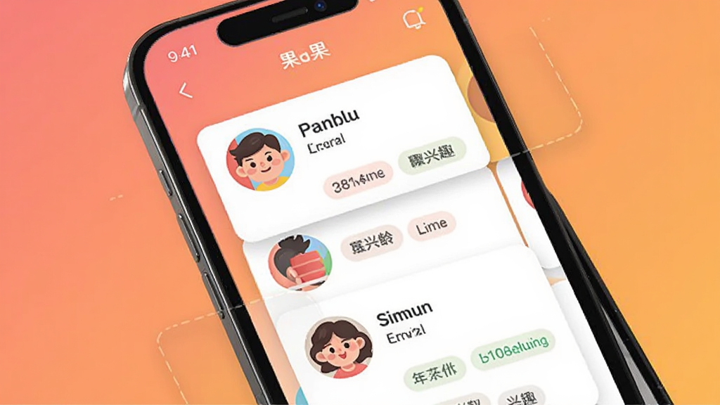 果果APP匹配界面,手机屏幕显示多位用户卡片,包括头像、昵称、年龄和兴趣标签,背景为渐变色,界面整洁,现代插画风格,高清画质,干净无多余元素