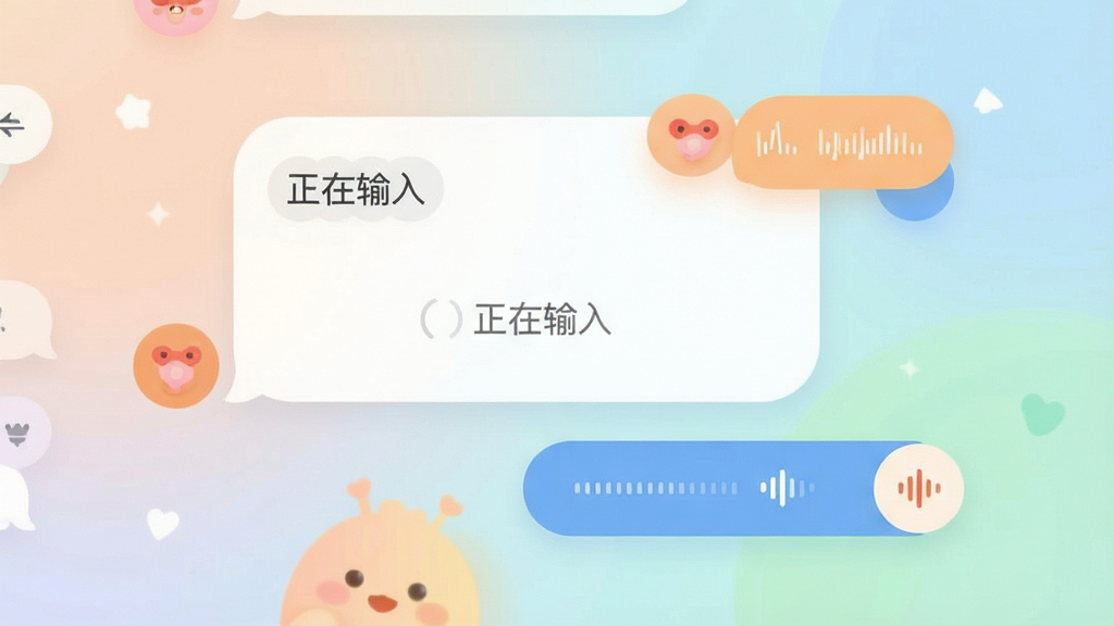 果果聊天界面,对话框带有“正在输入”提示和语音条,背景柔和,气泡圆润,UI扁平化设计,色彩清新,细节丰富,画质清晰,无多余元素