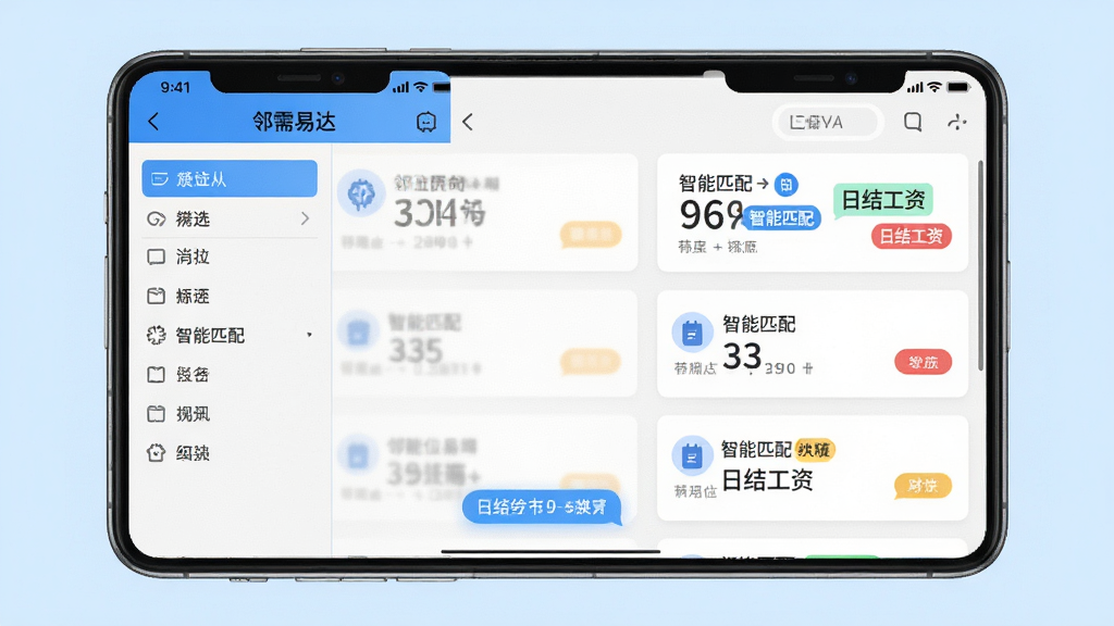 邻需易达APP界面展示,主体为手机屏幕内显示岗位列表与聊天窗口,布局采用左右分屏,左侧筛选栏,右侧卡片流,排版简洁,风格扁平化,细节突出“智能匹配”“日结工资”文字标签,背景浅蓝色,画质高清,干净无多余元素