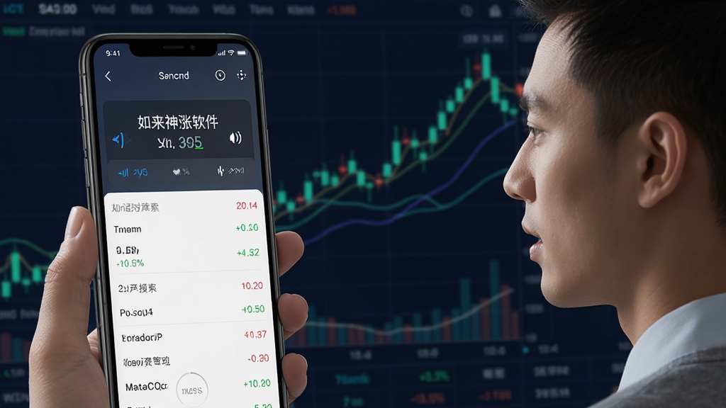 如来神涨软件的语音搜索功能界面,用户对着手机说话,屏幕上显示语音识别结果和股票列表,背景为股市行情图表,布局合理,排版直观,风格科技感,细节丰富,画质清晰干净
