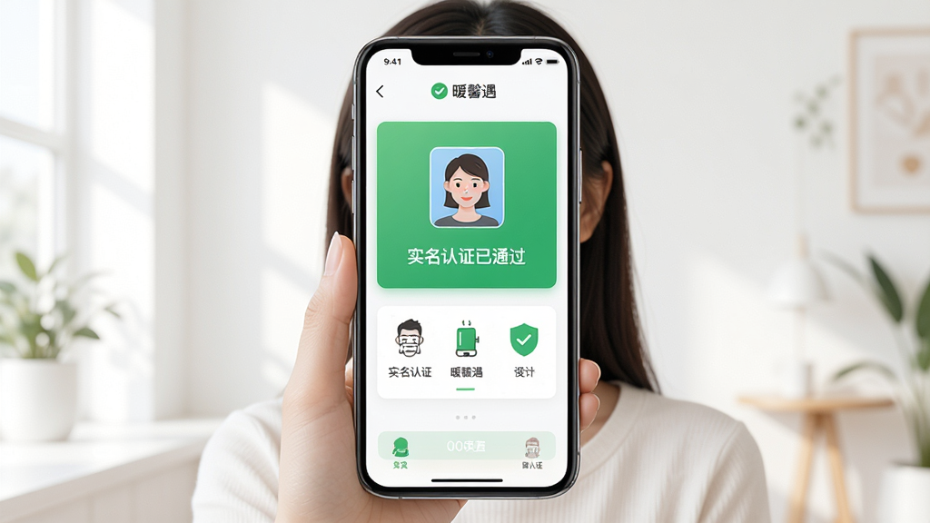 图片中展示一位年轻女性用户正在通过暖馨遇APP进行人脸识别实名认证的步骤界面,手机屏幕上有“实名认证已通过”的绿色标识,背景干净明亮,主体突出,布局居中,排版清晰,风格写实,细节包含认证流程图标,画质高清且无多余元素。
