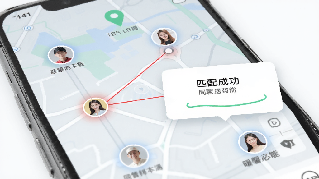 暖馨遇APP的同城匹配功能界面预览图,手机地图上显示多个用户头像光点,其中两个光点之间用红线连接并弹出“匹配成功”的对话框,主体为界面截图风格,布局清晰,排版有序,风格现代简约,细节展现LBS定位功能,画质明亮干净。