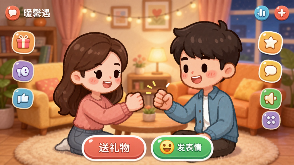 暖馨遇APP内互动小游戏的截图,画面中是一对卡通情侣在温馨的客厅场景下进行猜拳互动,界面底部有“送礼物”、“发表情”等互动按钮,主体为游戏界面,布局活泼,排版有趣,风格可爱卡通,细节展现多种互动图标,画质清晰。