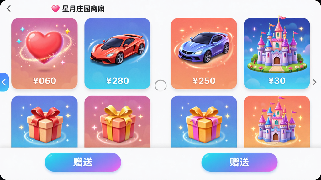 ���壺����ׯ԰APP�����̳ǽ��棬չʾ���ֶ�̬����簮�ġ��ܳ����Ǳ������֣��������У�ÿ�����￨Ƭ���۸�Ͷ�Ч���Ű棺���һ���������ײ��С����͡���ť����񣺻��ÿ�ͨ��ɫ�����ޣ�ϸ�ڣ������й�Ӱ������Ч����ť�н��䣻���ʣ����壬�ɾ����޶���Ԫ�ء�