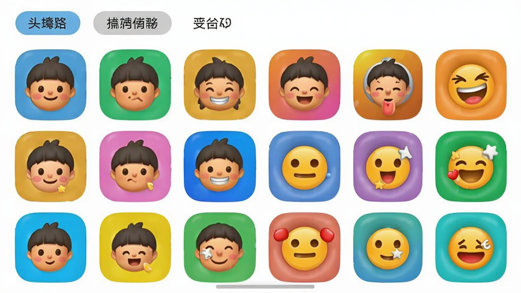 手机来电闪光头像表情包库界面截图,展示头像和表情包网格列表,分类标签清晰,界面风格活泼多彩,图标设计圆润,整体布局紧凑有序,画质干净,无多余元素